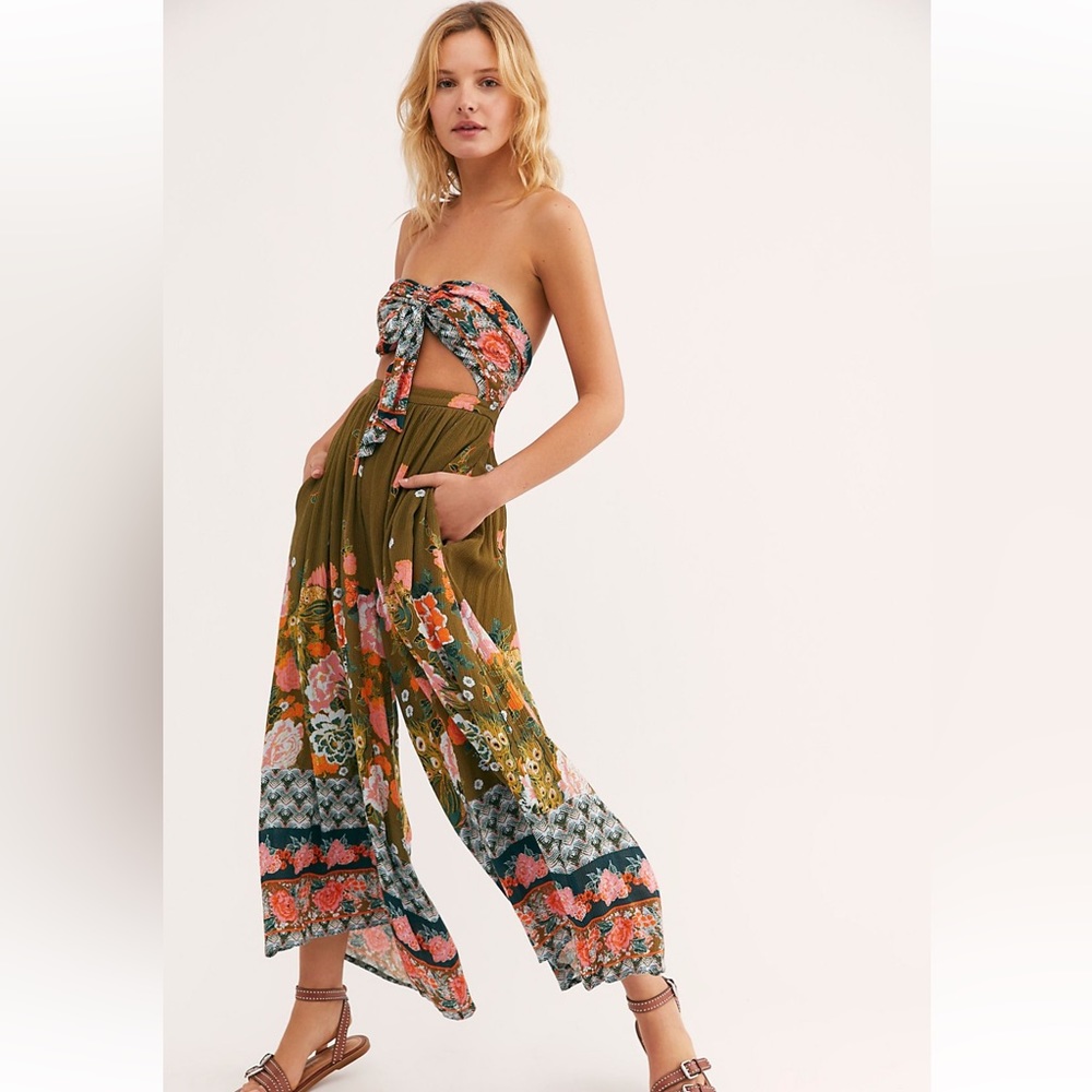 Free People Floral Olive Jumpsuit